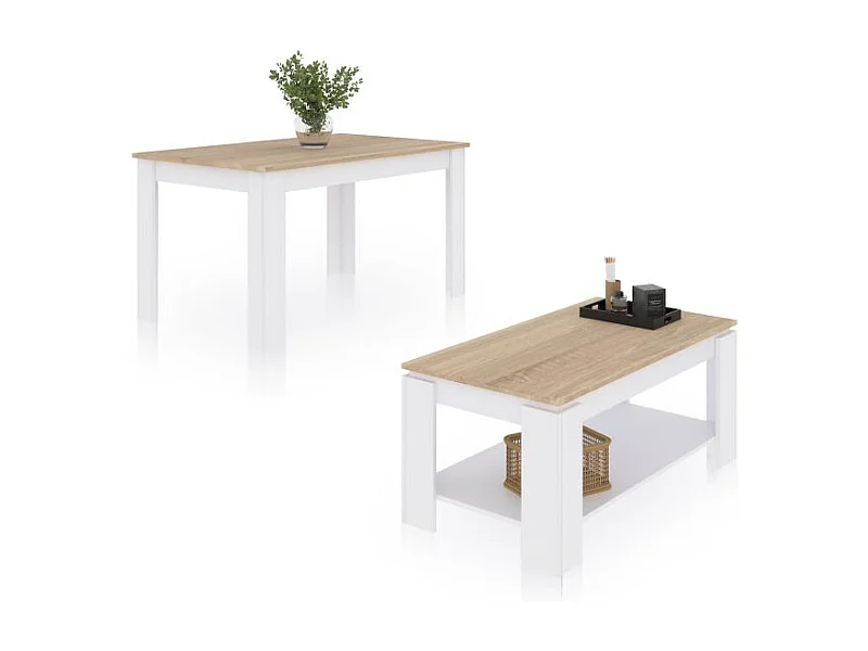 Pack mesa de comedor 140 y mesa de centro Lya Blanco Artik (Blanco Mate) - Roble Canadian