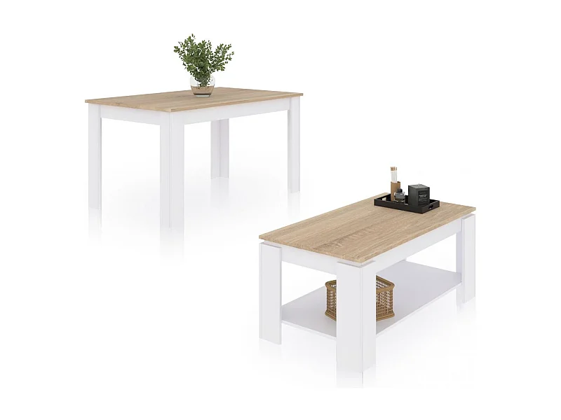 Pack mesa de comedor 140 y mesa de centro Lya Blanco Artik (Blanco Mate) - Roble Canadian