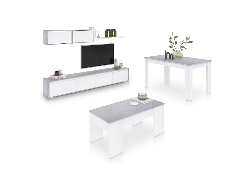 Pack salón con mesa de centro y mesa de comedor Arlet Max V2B Blanco Artik (Blanco Mate) - Gris Cemento