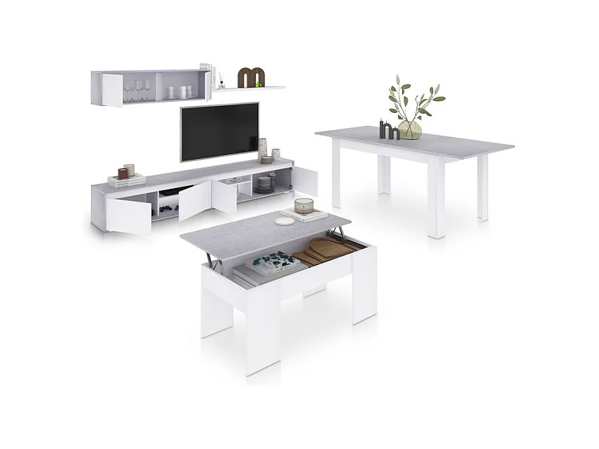 Pack salón con mesa de centro y mesa de comedor Arlet Max V2B Blanco Artik (Blanco Mate) - Gris Cemento