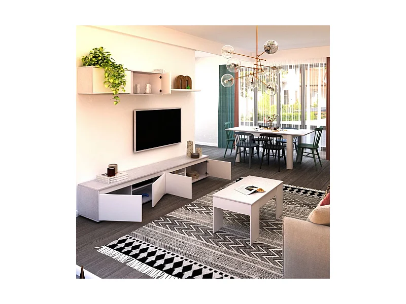 Pack salón con mesa de centro y mesa de comedor Arlet Max V2B Blanco Artik (Blanco Mate) - Gris Cemento