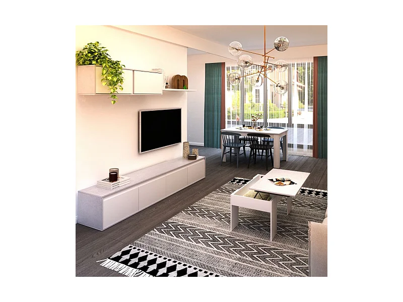 Pack salón con mesa de centro y mesa de comedor Arlet Max V2B Blanco Artik (Blanco Mate) - Gris Cemento