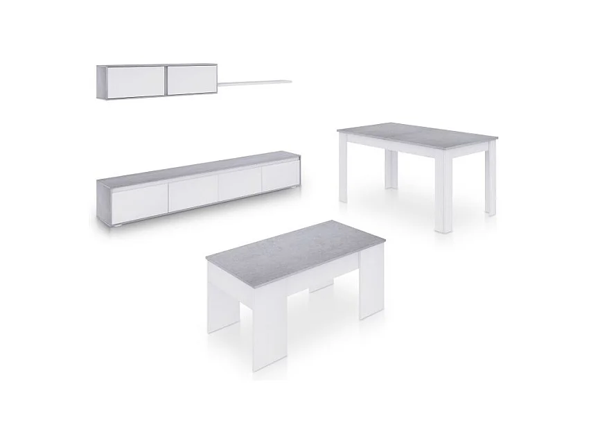 Pack salón con mesa de centro y mesa de comedor Arlet Max V2B Blanco Artik (Blanco Mate) - Gris Cemento