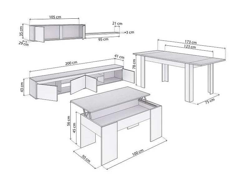 Pack salón con mesa de centro y mesa de comedor Arlet Max V2B Blanco Artik (Blanco Mate) - Gris Cemento