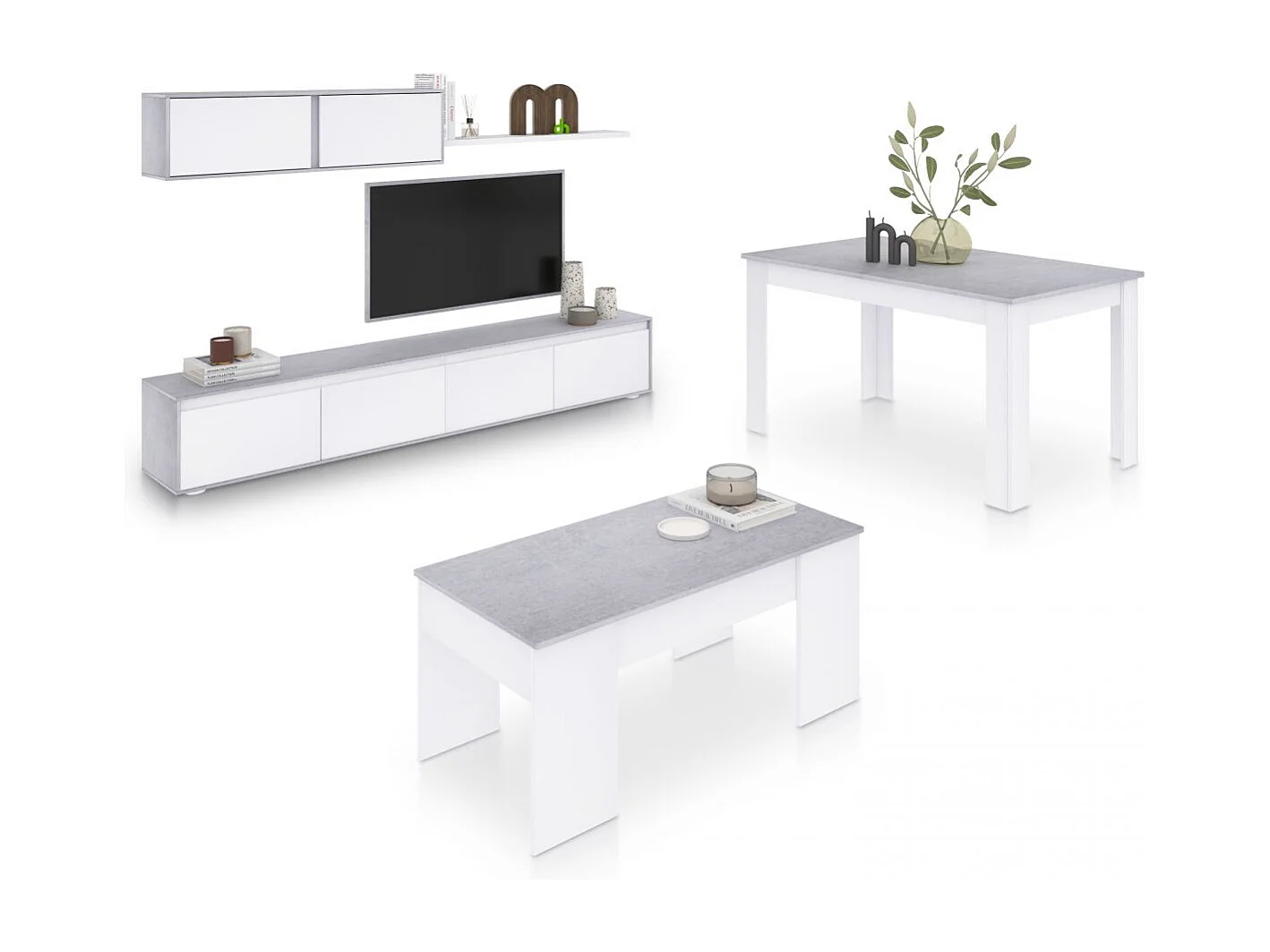 Pack salón con mesa de centro y mesa de comedor Arlet Max V2B Blanco Artik (Blanco Mate) - Gris Cemento