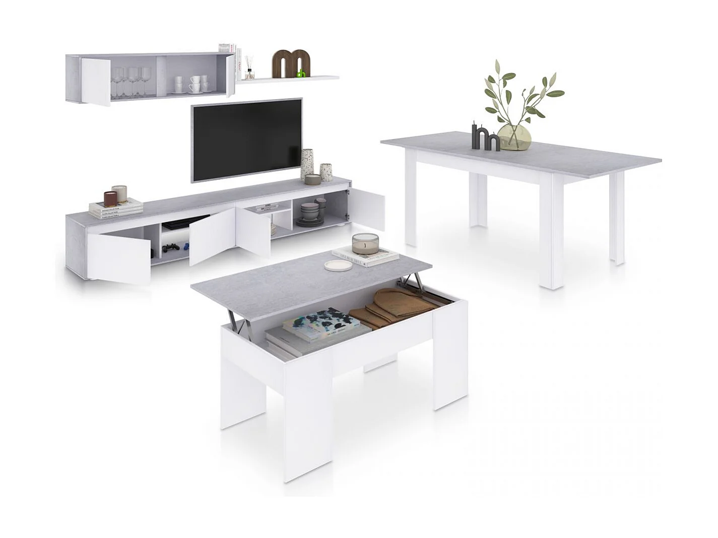 Pack salón con mesa de centro y mesa de comedor Arlet Max V2B Blanco Artik (Blanco Mate) - Gris Cemento