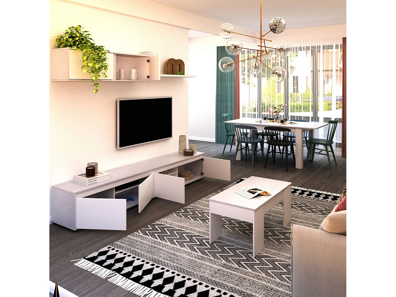 Pack salón con mesa de centro y mesa de comedor Arlet Max V2B Blanco Artik (Blanco Mate) - Gris Cemento