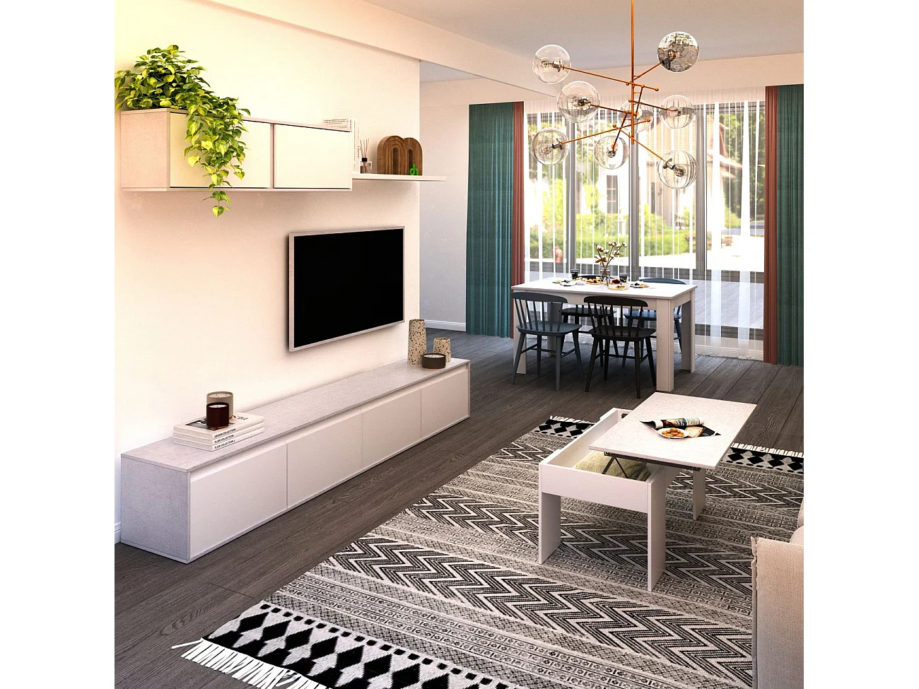 Pack salón con mesa de centro y mesa de comedor Arlet Max V2B Blanco Artik (Blanco Mate) - Gris Cemento