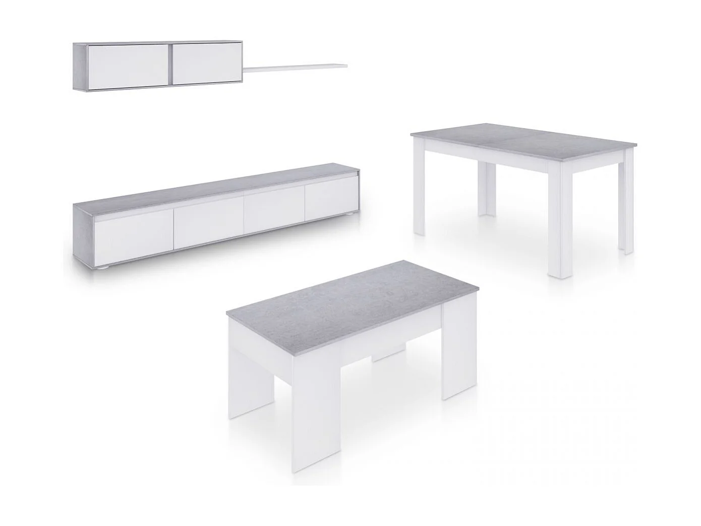 Pack salón con mesa de centro y mesa de comedor Arlet Max V2B Blanco Artik (Blanco Mate) - Gris Cemento
