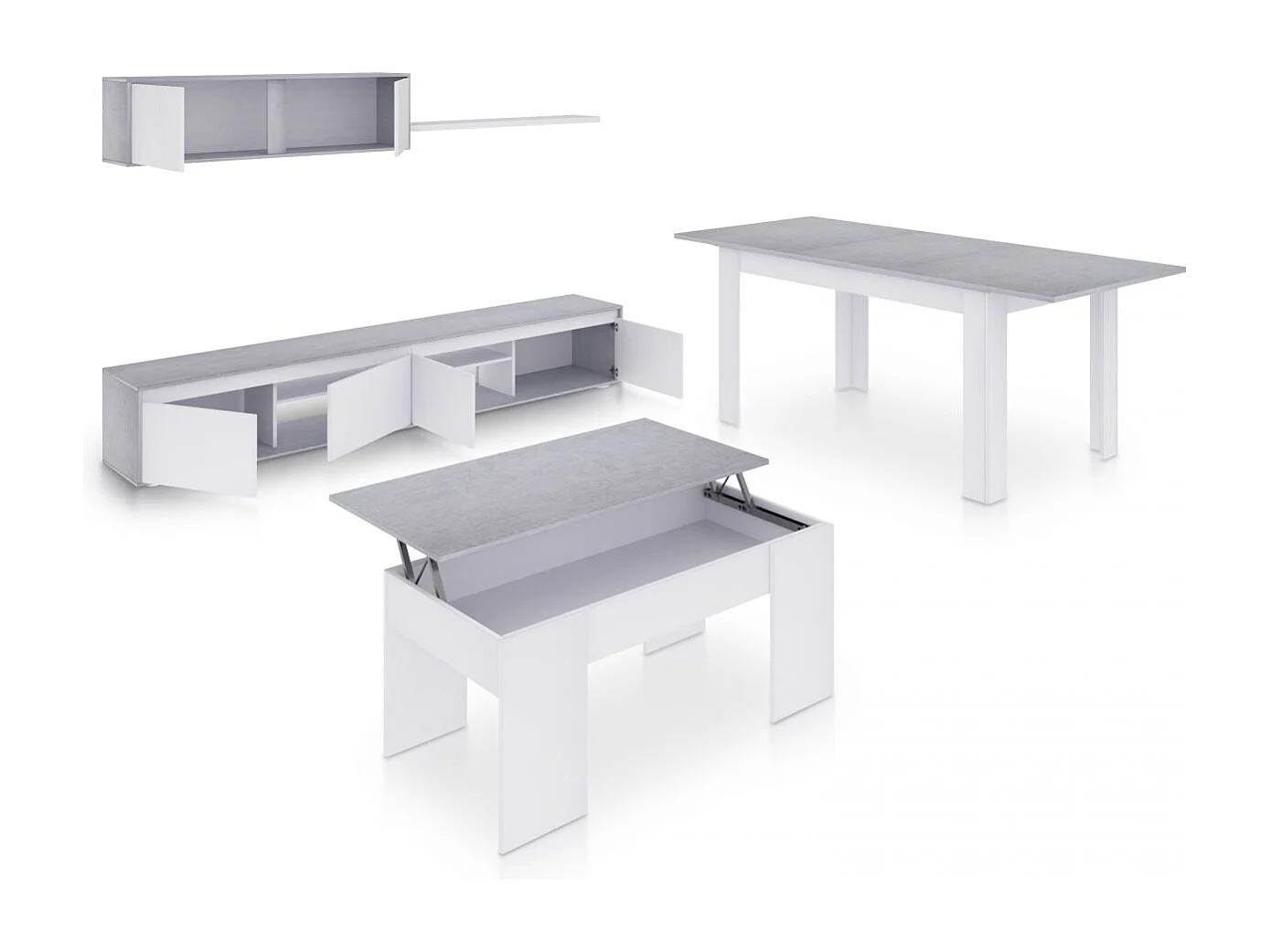 Pack salón con mesa de centro y mesa de comedor Arlet Max V2B Blanco Artik (Blanco Mate) - Gris Cemento