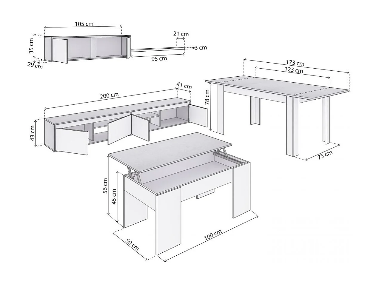 Pack salón con mesa de centro y mesa de comedor Arlet Max V2B Blanco Artik (Blanco Mate) - Gris Cemento