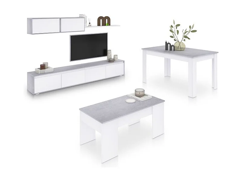 Pack salón con mesa de centro y mesa de comedor Arlet Max V2B Blanco Artik (Blanco Mate) - Gris Cemento