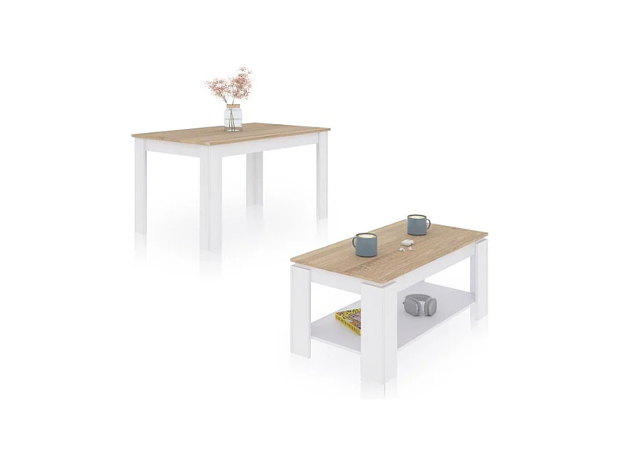 Pack mesa de comedor 123 y mesa de centro Lya Blanco Artik (Blanco Mate) - Roble Canadian