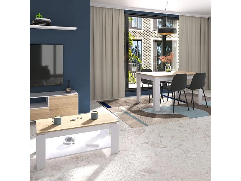 Pack mesa de comedor 123 y mesa de centro Lya Blanco Artik (Blanco Mate) - Roble Canadian