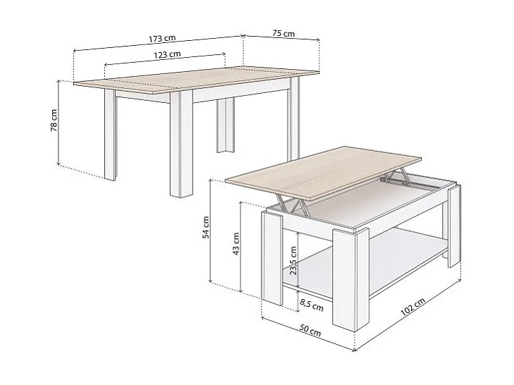 Pack mesa de comedor 123 y mesa de centro Lya Blanco Artik (Blanco Mate) - Roble Canadian