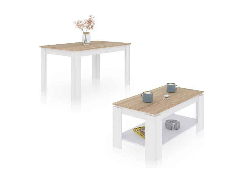 Pack mesa de comedor 123 y mesa de centro Lya Blanco Artik (Blanco Mate) - Roble Canadian