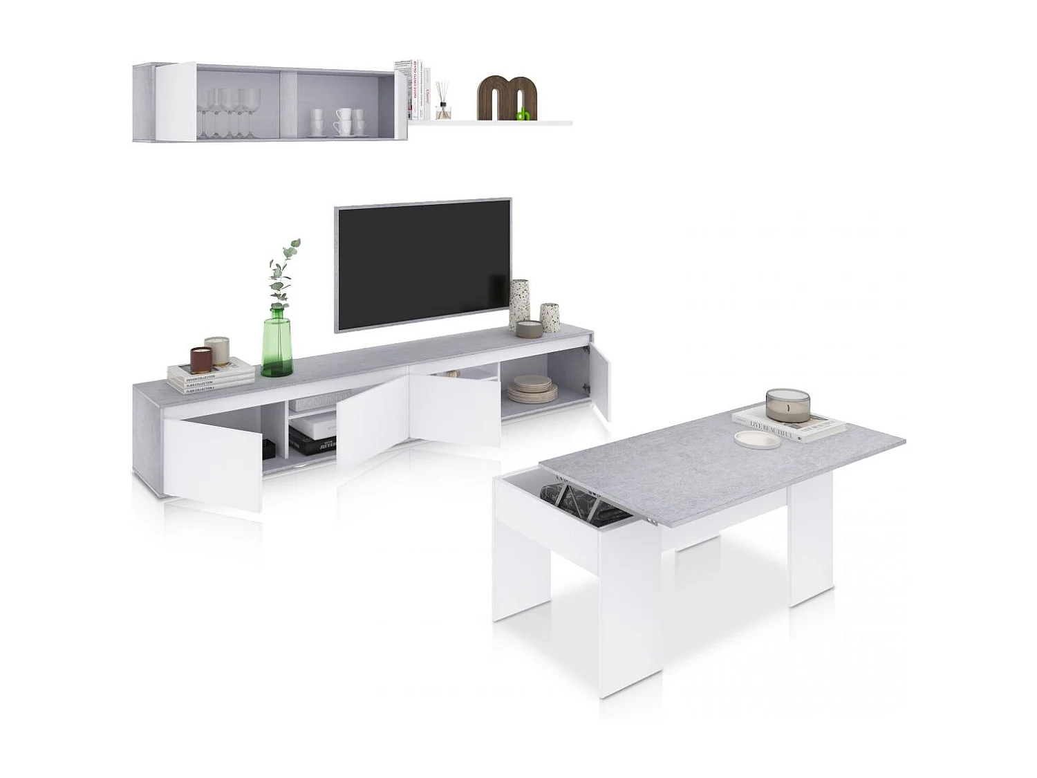 Pack salón con mesa de centro Arlet Plus V2 Blanco Artik (Blanco Mate) - Gris Cemento