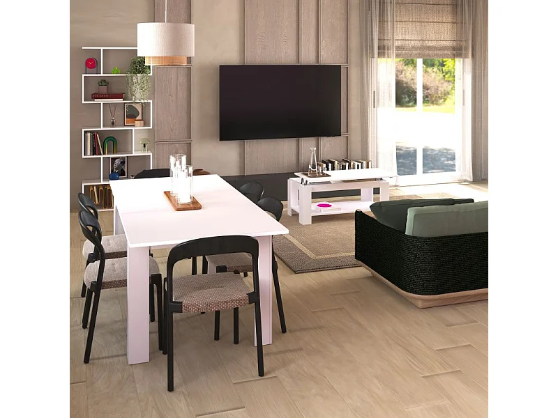 Pack mesa de comedor 140 y mesa de centro Lya Blanco Artik (Blanco Mate)