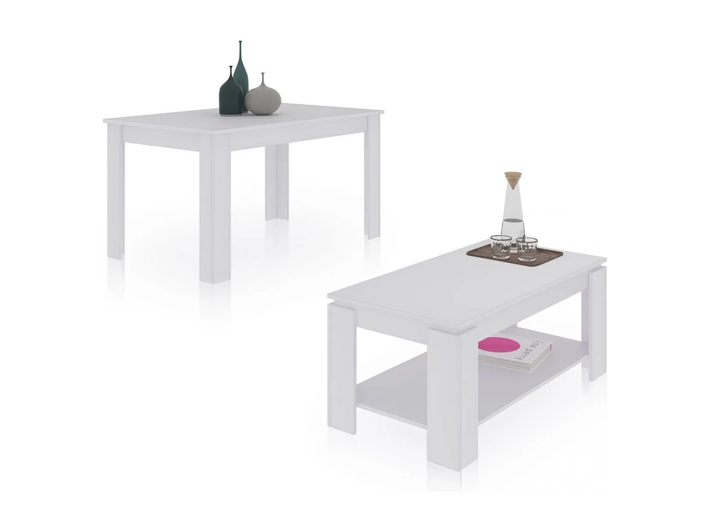 Pack mesa de comedor 140 y mesa de centro Lya Blanco Artik (Blanco Mate)