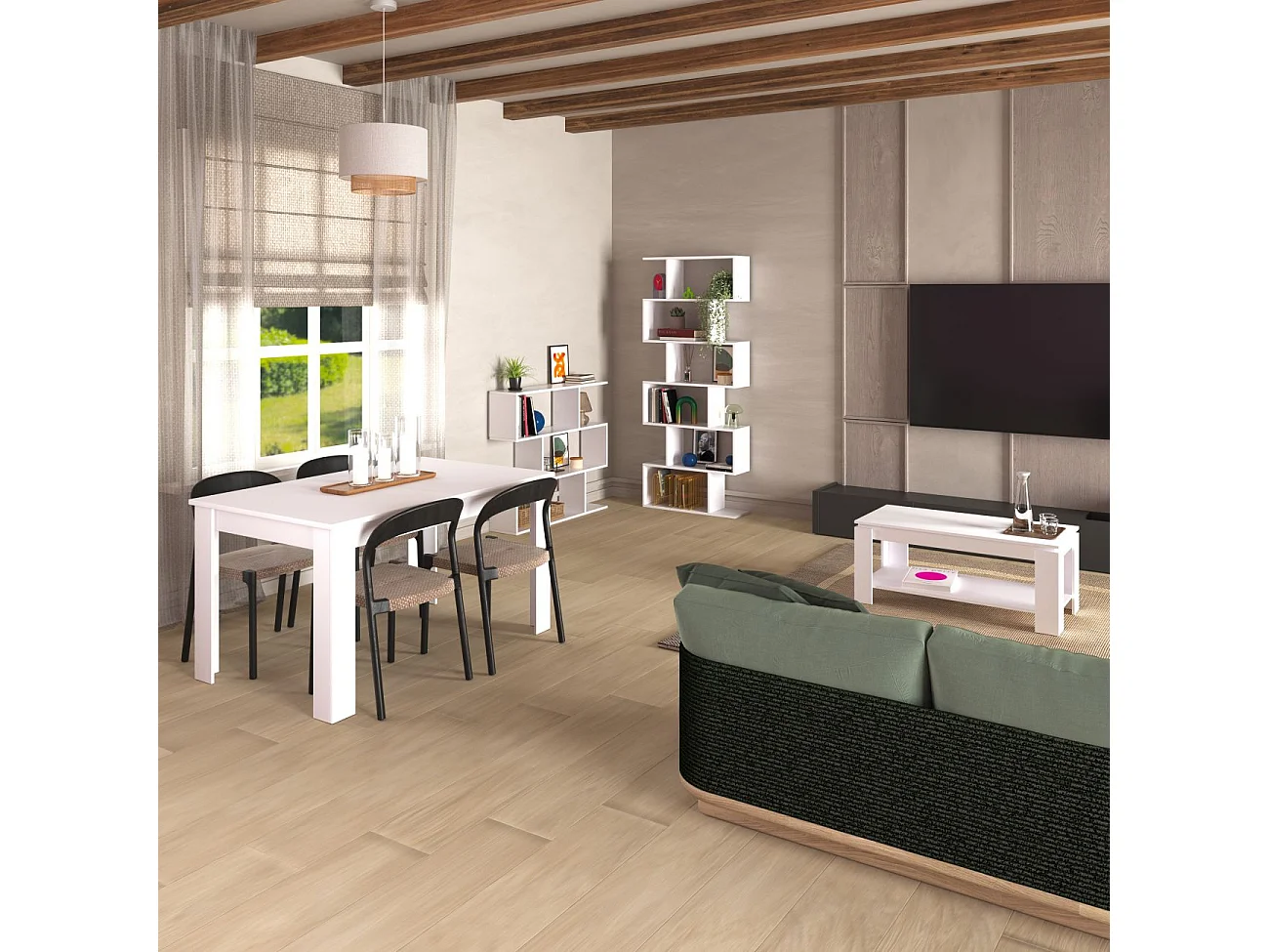 Pack mesa de comedor 140 y mesa de centro Lya Blanco Artik (Blanco Mate)