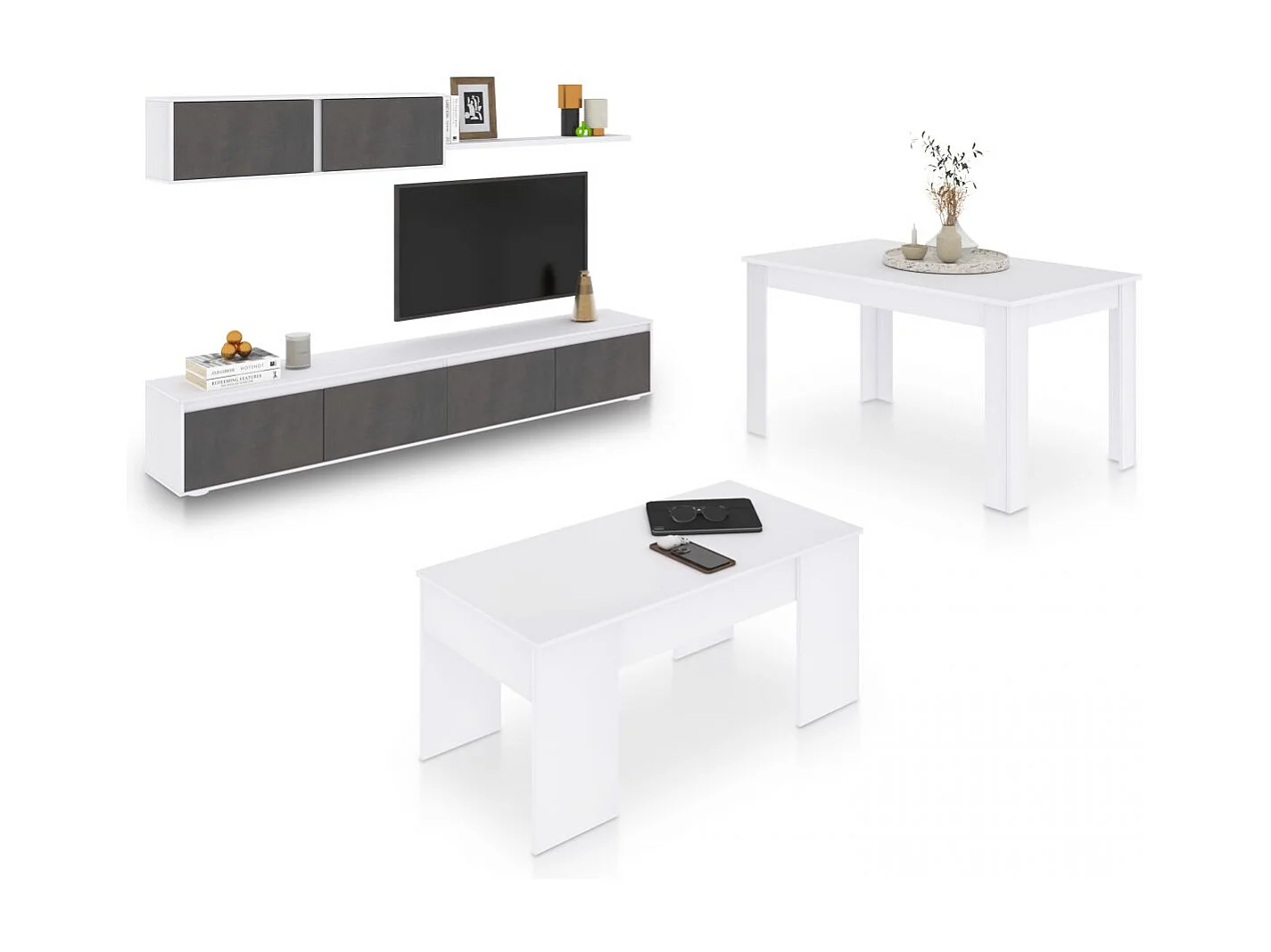 Pack salón con mesa de centro y mesa de comedor Arlet Max V2B Blanco Artik (Blanco Mate) - Óxido