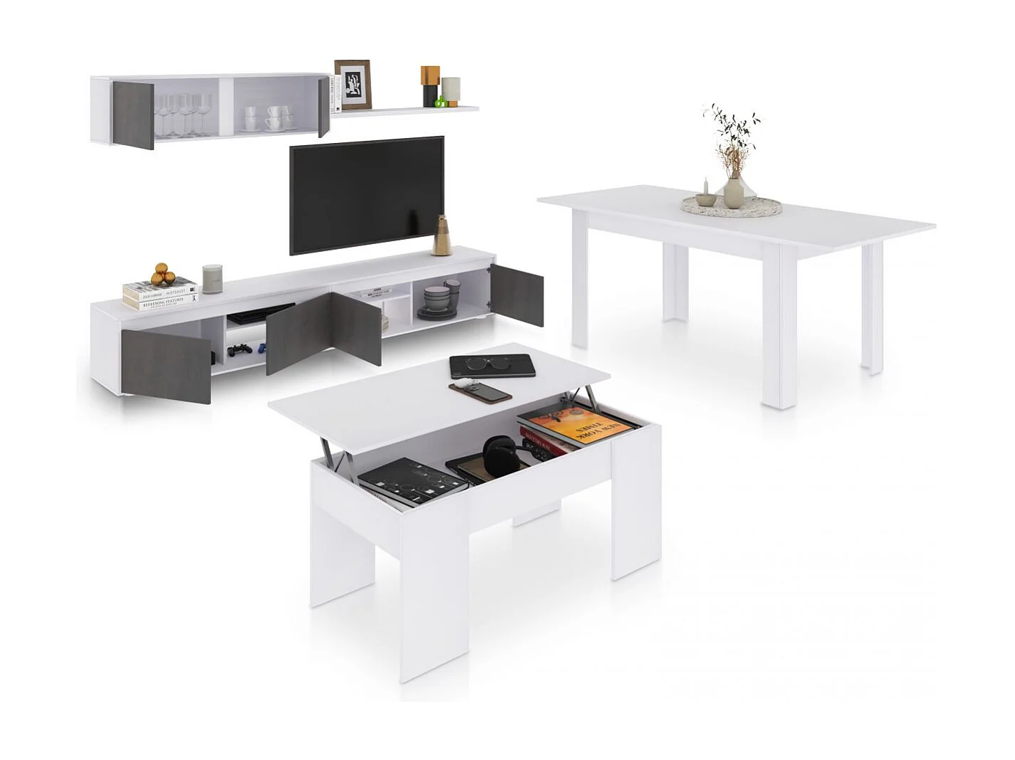 Pack salón con mesa de centro y mesa de comedor Arlet Max V2B Blanco Artik (Blanco Mate) - Óxido
