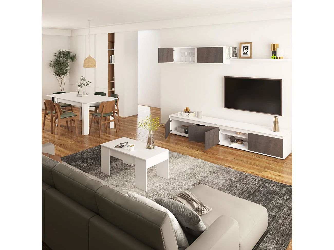 Pack salón con mesa de centro y mesa de comedor Arlet Max V2B Blanco Artik (Blanco Mate) - Óxido