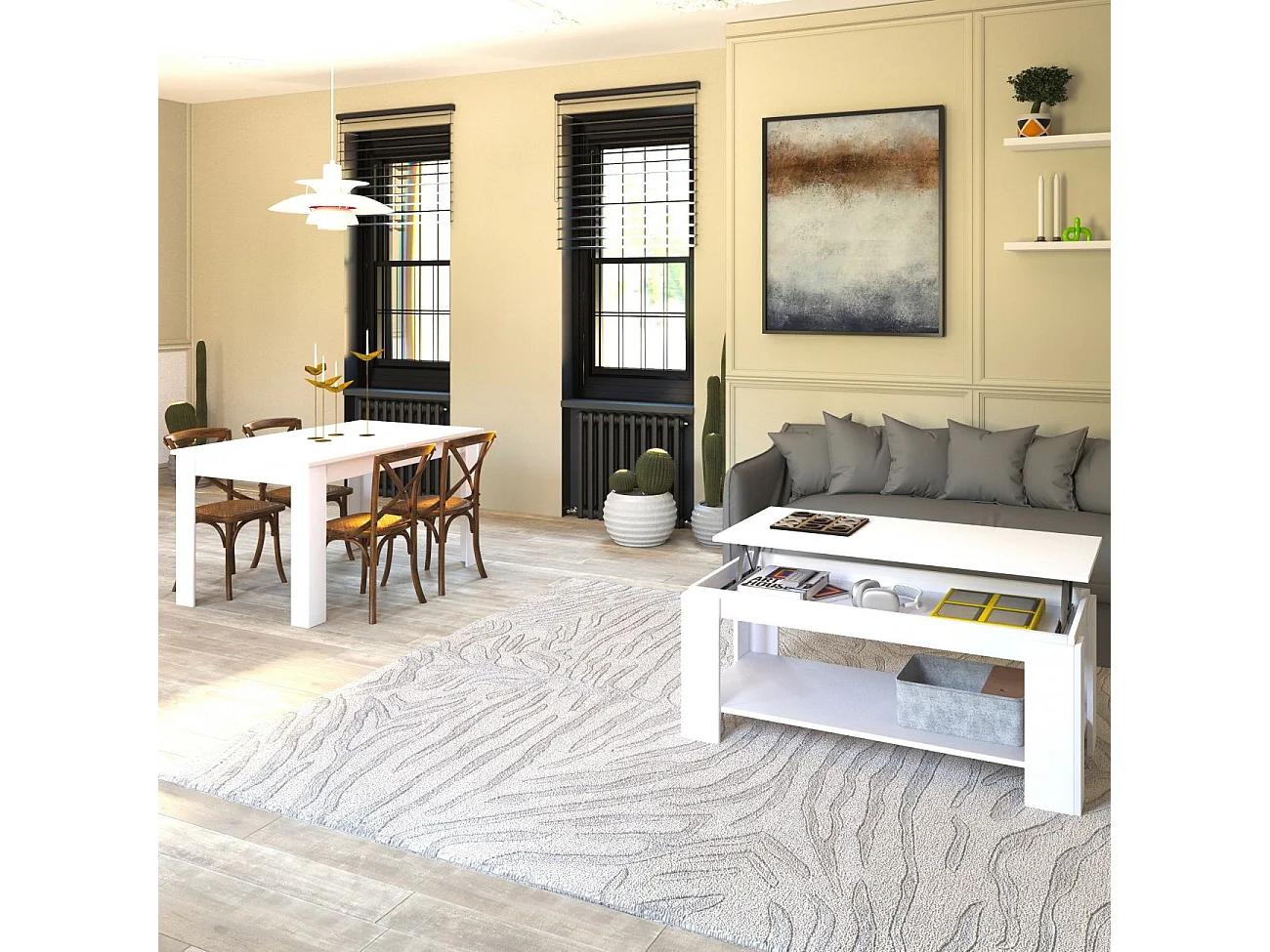 Pack mesa de comedor 123 y mesa de centro Lya Blanco Artik (Blanco Mate)