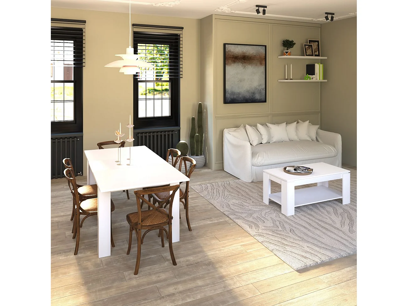 Pack mesa de comedor 123 y mesa de centro Lya Blanco Artik (Blanco Mate)