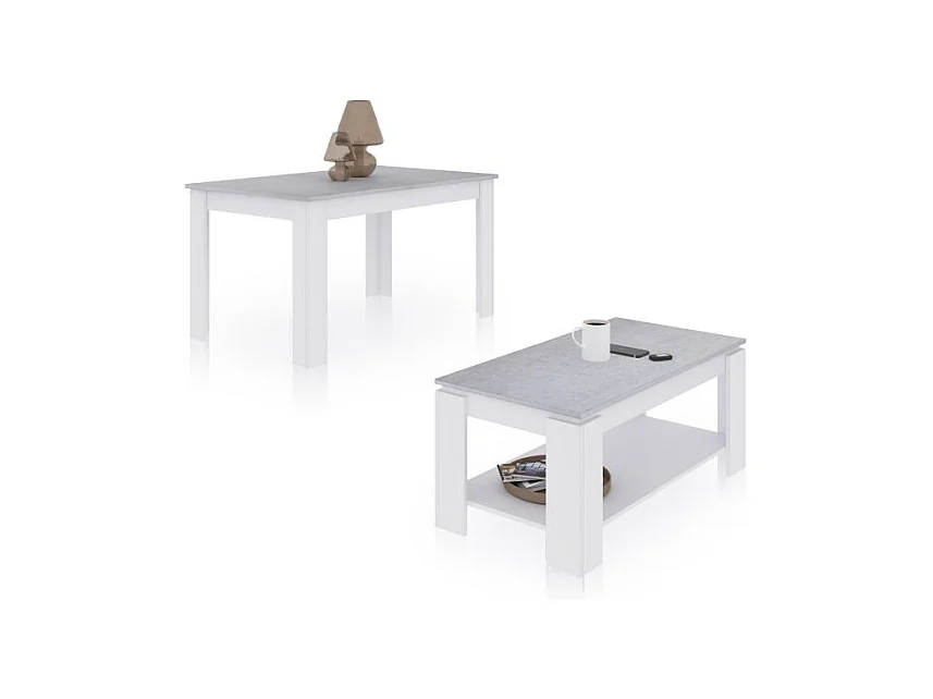 Pack mesa de comedor 140 y mesa de centro Lya Blanco Artik (Blanco Mate) - Gris Cemento