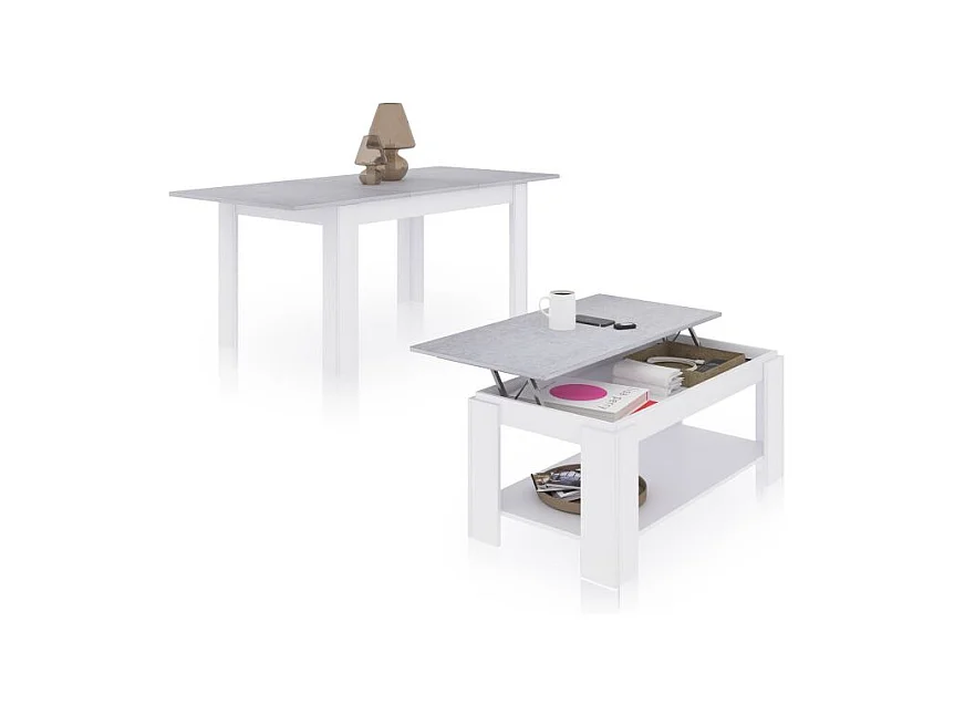 Pack mesa de comedor 140 y mesa de centro Lya Blanco Artik (Blanco Mate) - Gris Cemento