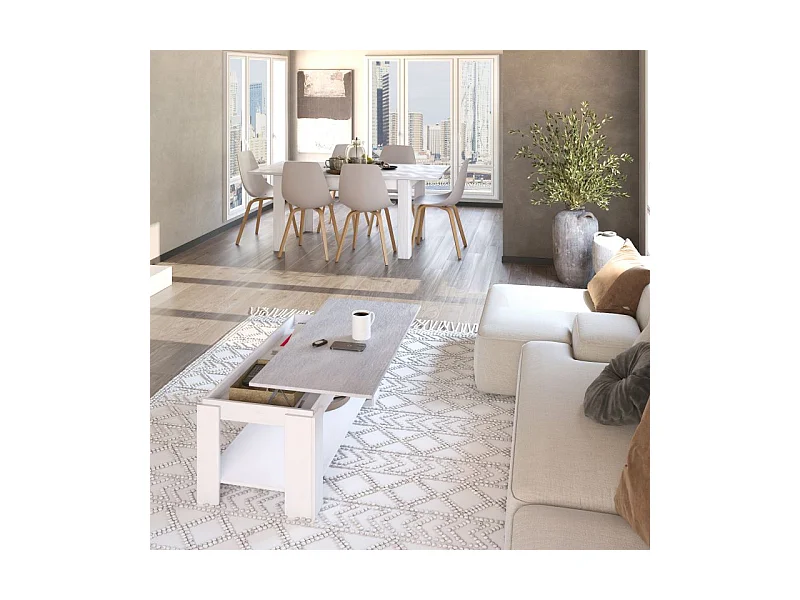 Pack mesa de comedor 140 y mesa de centro Lya Blanco Artik (Blanco Mate) - Gris Cemento