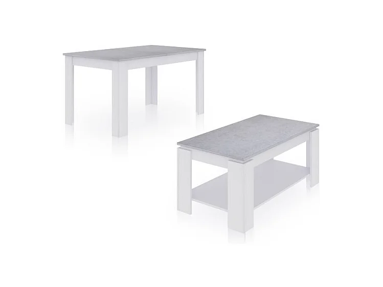 Pack mesa de comedor 140 y mesa de centro Lya Blanco Artik (Blanco Mate) - Gris Cemento