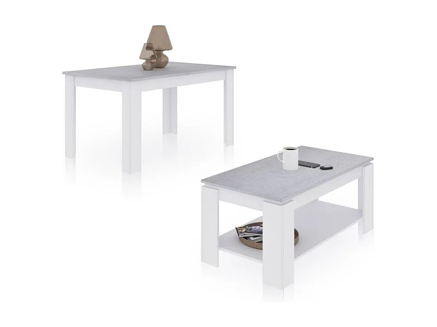 Pack mesa de comedor 140 y mesa de centro Lya Blanco Artik (Blanco Mate) - Gris Cemento