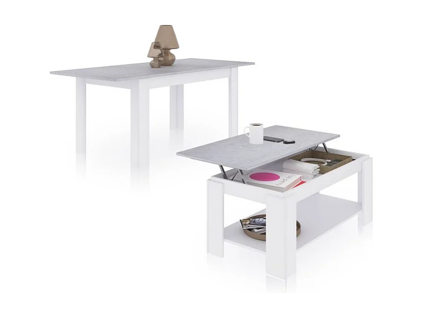 Pack mesa de comedor 140 y mesa de centro Lya Blanco Artik (Blanco Mate) - Gris Cemento