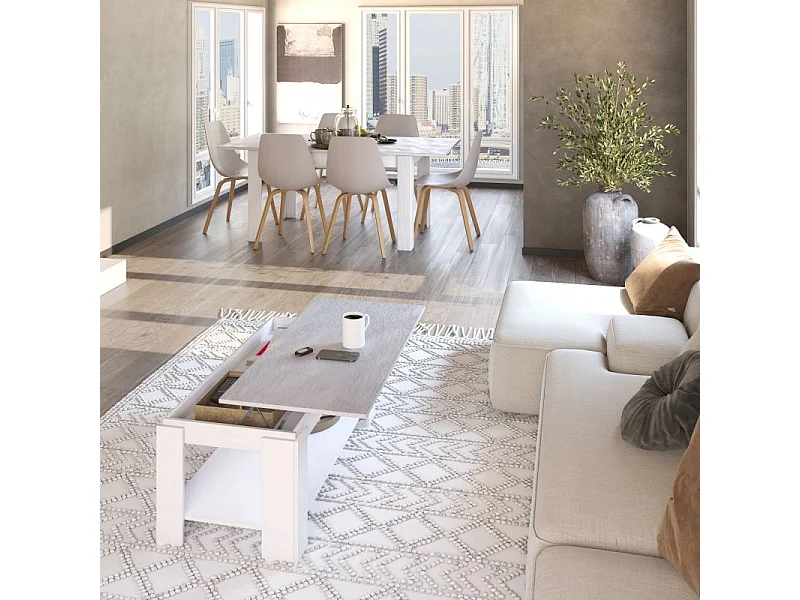 Pack mesa de comedor 140 y mesa de centro Lya Blanco Artik (Blanco Mate) - Gris Cemento