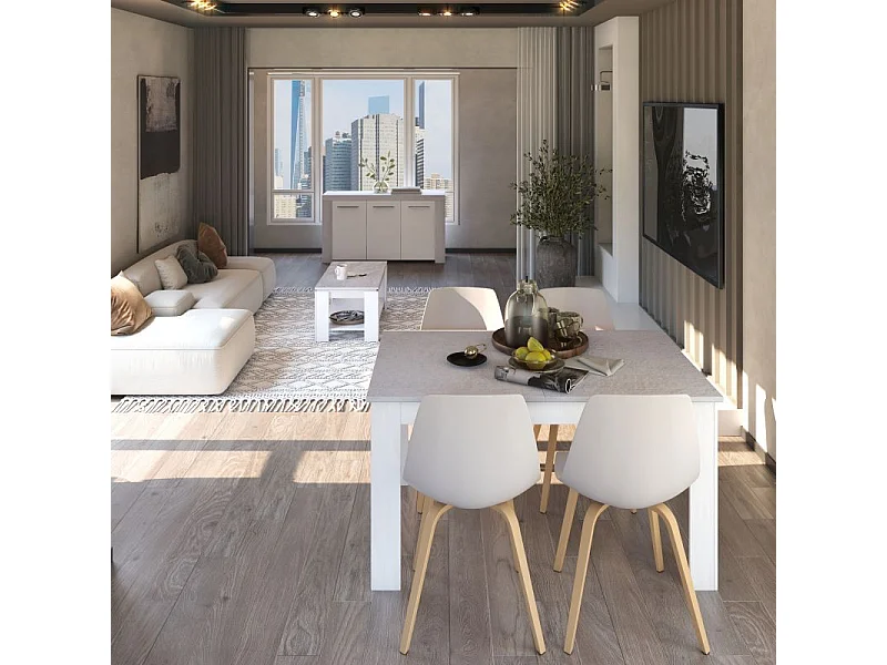 Pack mesa de comedor 140 y mesa de centro Lya Blanco Artik (Blanco Mate) - Gris Cemento