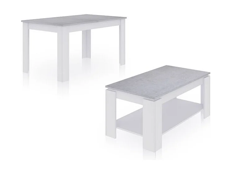 Pack mesa de comedor 140 y mesa de centro Lya Blanco Artik (Blanco Mate) - Gris Cemento