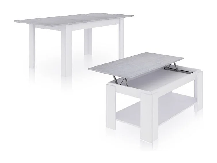 Pack mesa de comedor 140 y mesa de centro Lya Blanco Artik (Blanco Mate) - Gris Cemento