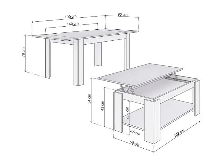 Pack mesa de comedor 140 y mesa de centro Lya Blanco Artik (Blanco Mate) - Gris Cemento