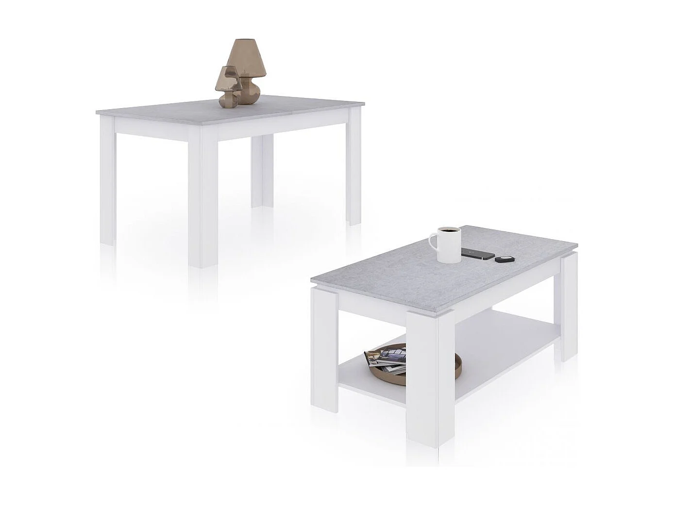 Pack mesa de comedor 140 y mesa de centro Lya Blanco Artik (Blanco Mate) - Gris Cemento