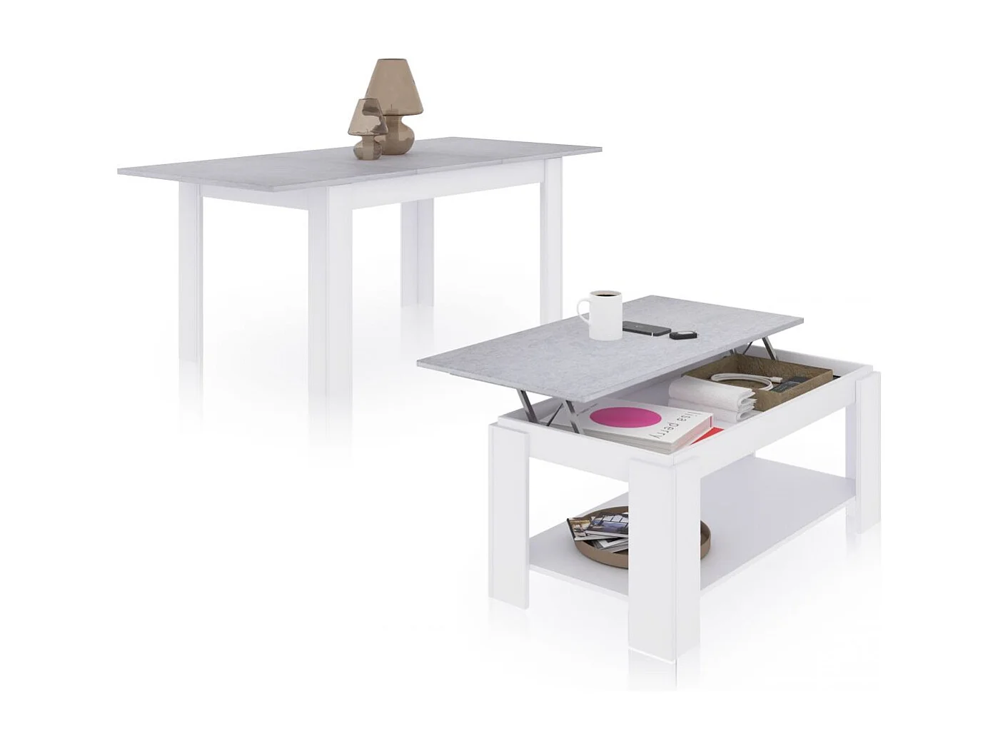 Pack mesa de comedor 140 y mesa de centro Lya Blanco Artik (Blanco Mate) - Gris Cemento