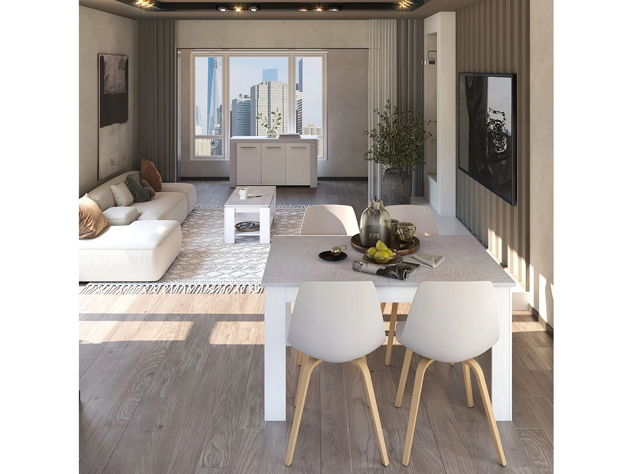 Pack mesa de comedor 140 y mesa de centro Lya Blanco Artik (Blanco Mate) - Gris Cemento