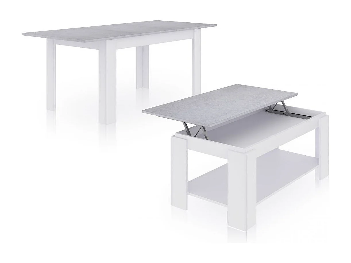Pack mesa de comedor 140 y mesa de centro Lya Blanco Artik (Blanco Mate) - Gris Cemento