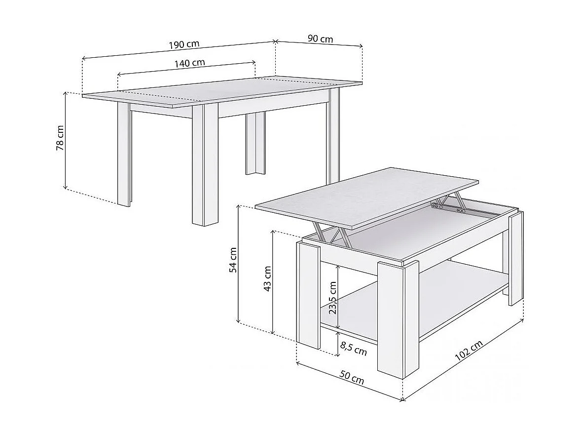 Pack mesa de comedor 140 y mesa de centro Lya Blanco Artik (Blanco Mate) - Gris Cemento