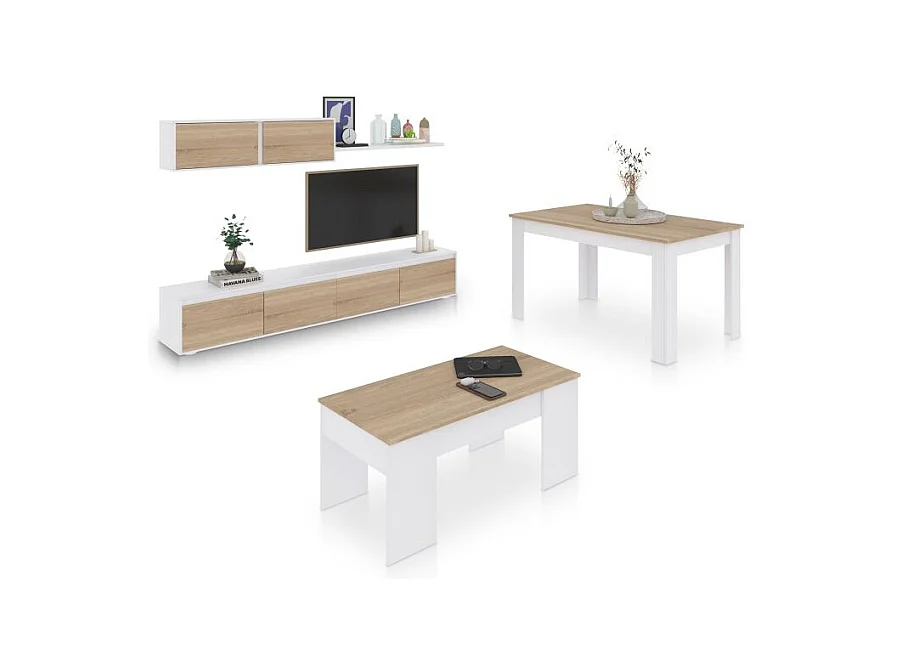 Pack salón con mesa de centro y mesa de comedor Arlet Max V2B Blanco Artik (Blanco Mate) - Roble Canadian