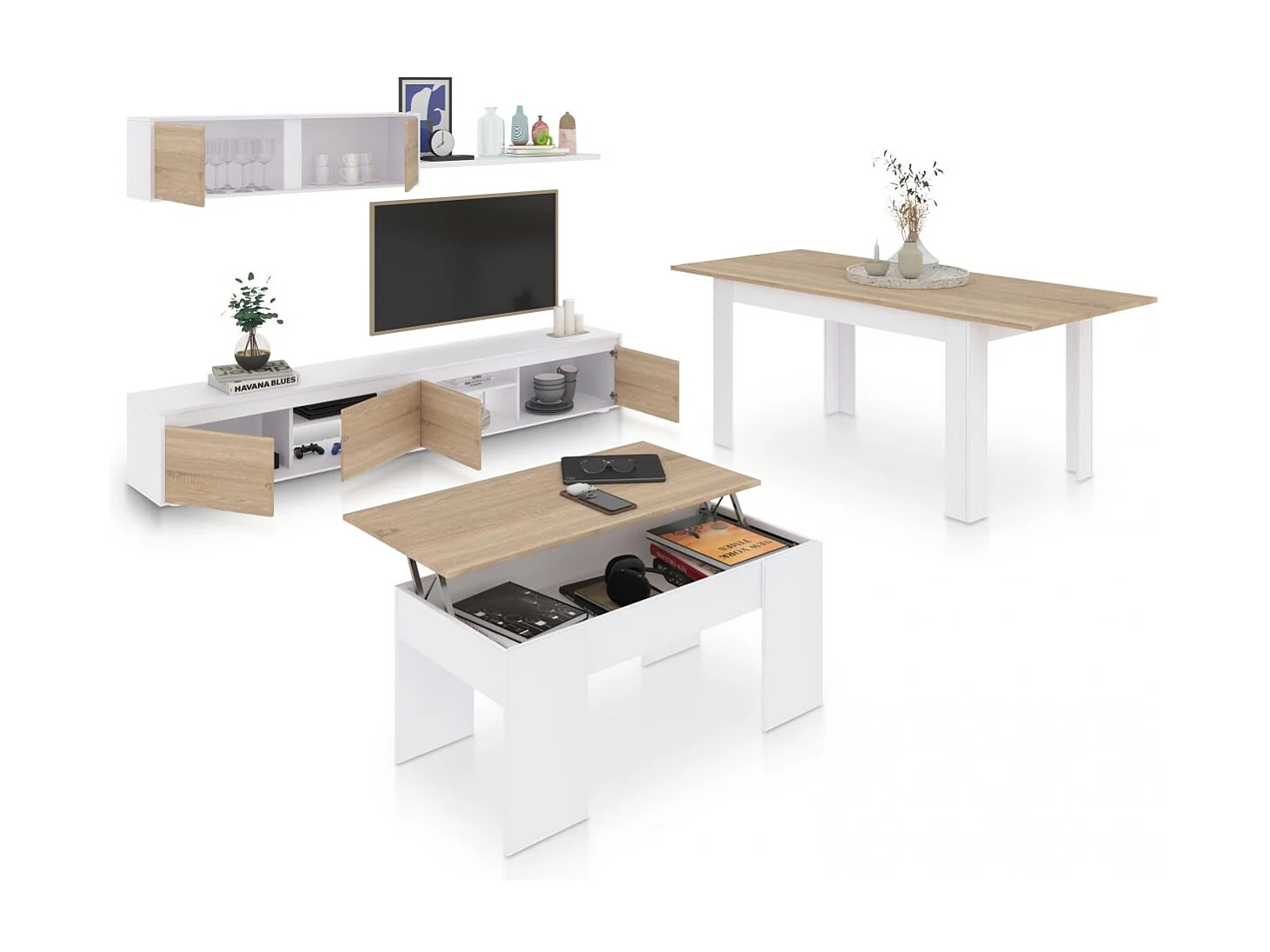 Pack salón con mesa de centro y mesa de comedor Arlet Max V2B Blanco Artik (Blanco Mate) - Roble Canadian