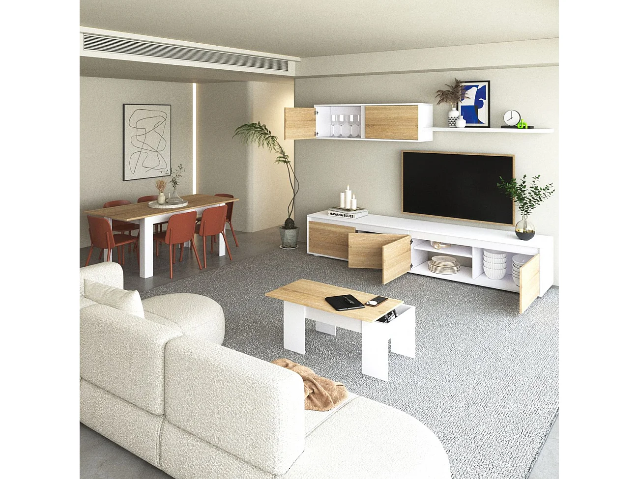 Pack salón con mesa de centro y mesa de comedor Arlet Max V2B Blanco Artik (Blanco Mate) - Roble Canadian