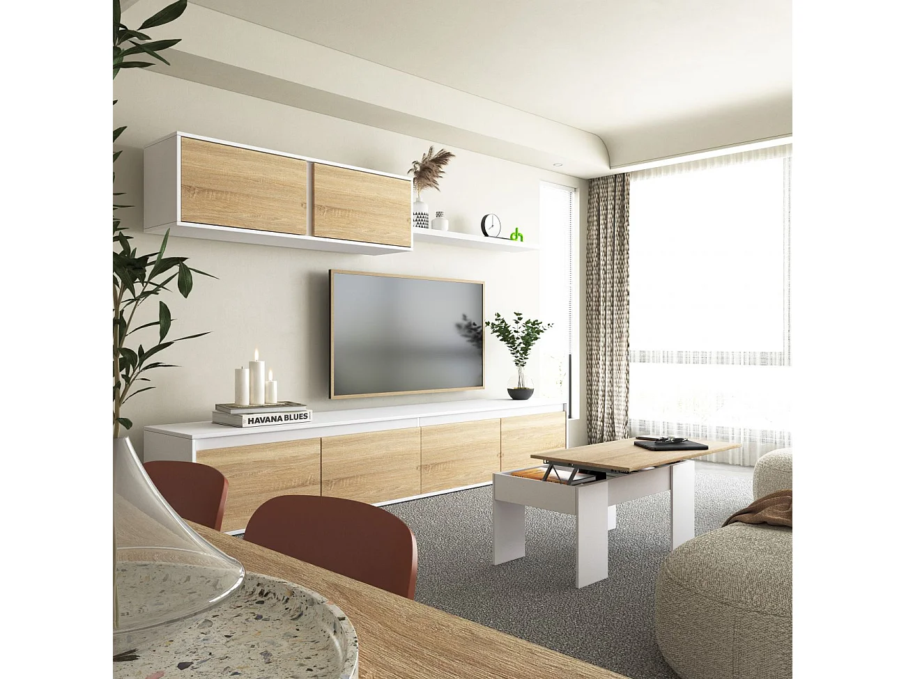 Pack salón con mesa de centro y mesa de comedor Arlet Max V2B Blanco Artik (Blanco Mate) - Roble Canadian