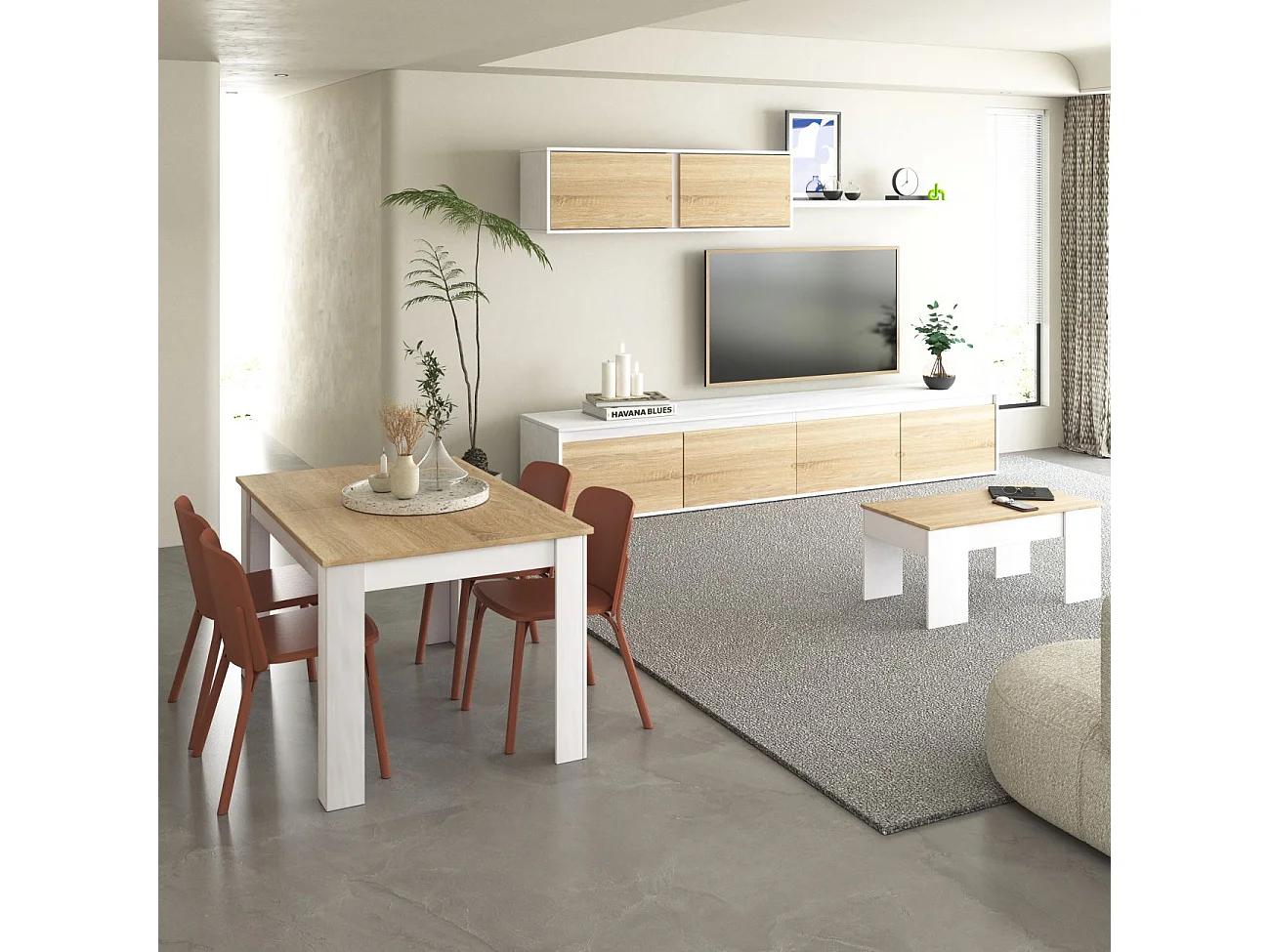 Pack salón con mesa de centro y mesa de comedor Arlet Max V2B Blanco Artik (Blanco Mate) - Roble Canadian